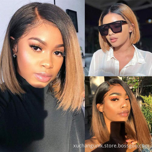 Uniky Brazilian Remy Hair Straight Short Human Hair Bob Wigs Ombre TT1B 30 Color Blunt Cut Bob Lace Front Wig With Closure